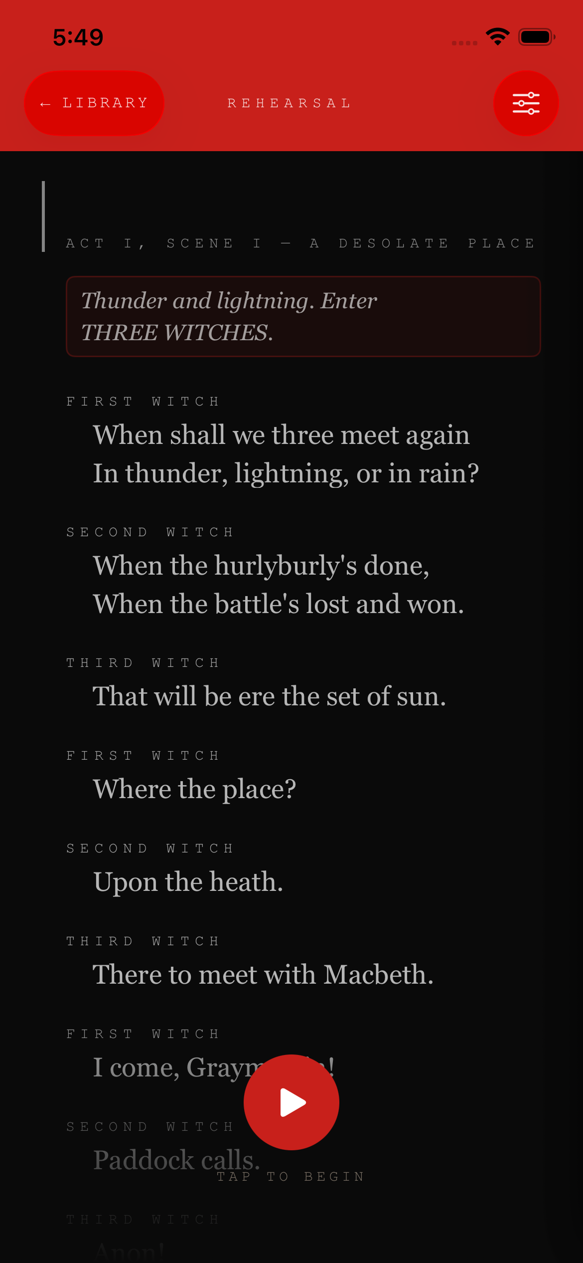 Rehearsing a script in Klieg dark mode